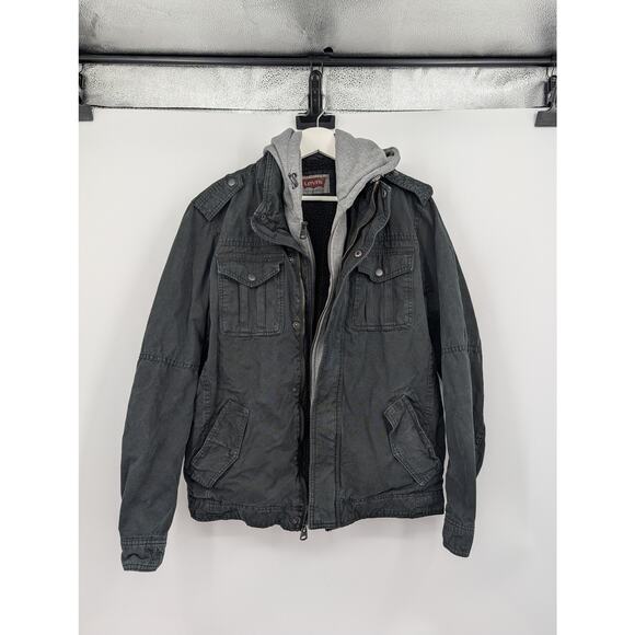 Levi's Sherpa Lined Men's Jacket Small Removable Gray Hood Utility Chore Ranch - Picture 1 of 9